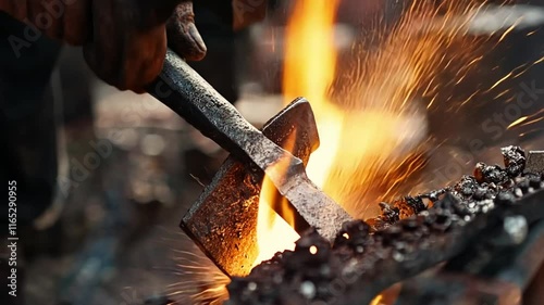 Forging metal, traditional workshop strike bright craftsman skill worker craftsmanship coal handmade manufacture burning background ironwork hit