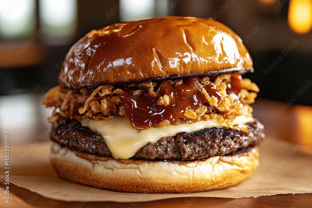 Juicy hamburger with melted cheese, crispy onion, and barbecue sauce on bun Juicy hamburger with melted cheese, crispy onion, and barbecue sauce on bun