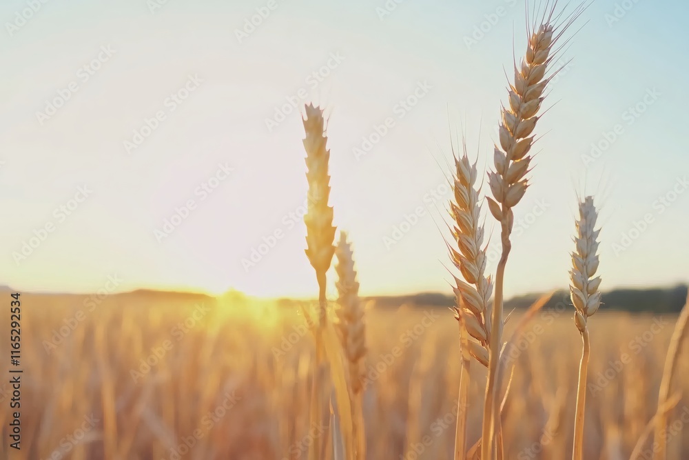Naklejka premium Golden Wheat Field at Sunrise with Sun Rays Illuminating the Landscape