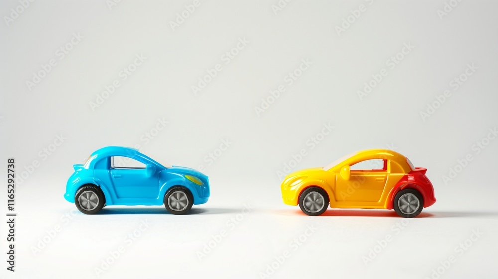Two brightly colored plastic toy cars, isolated on a clean white backdrop. Two brightly colored plastic toy cars, isolated on a clean white backdrop.