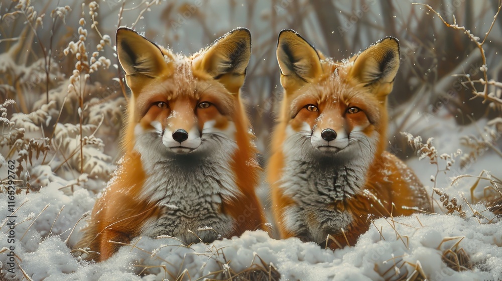 Obraz premium A pair of red foxes in a snowy landscape, their bright fur contrasting with the white surroundings, their alert expressions captured vividly.