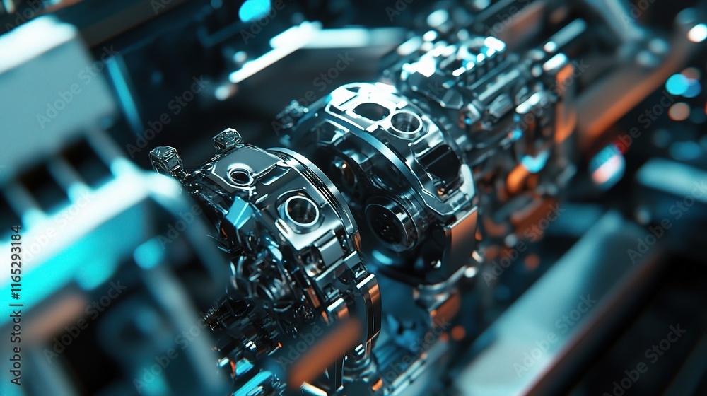 Fototapeta premium Close-Up of Industrial Robot Assembling Metal Parts in Factory Setting