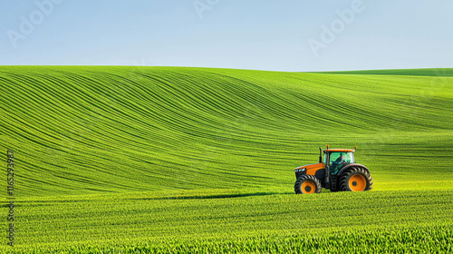 Tractor on green field agricultural