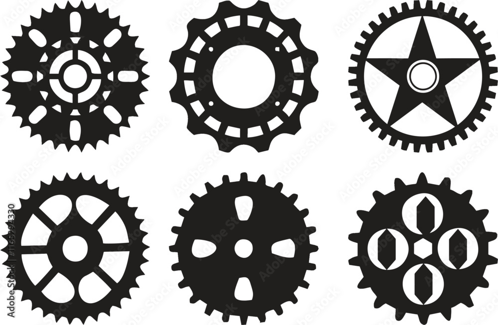 Hand drawn realistic 3d gear and bicycle stars. Industrial profiled wheel with teeth that engages with a chain. Transmission cogwheels and gears for machines on white. Hand drawn realistic 3d gear and bicycle stars. Industrial profiled wheel with teeth that engages with a chain. Transmission cogwheels and gears for machines on white.