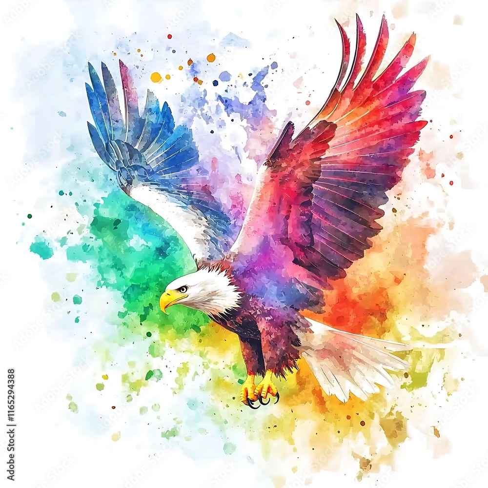 Obraz premium A vibrant watercolor painting of a bald eagle in flight, surrounded by a colorful splash of abstract paint.