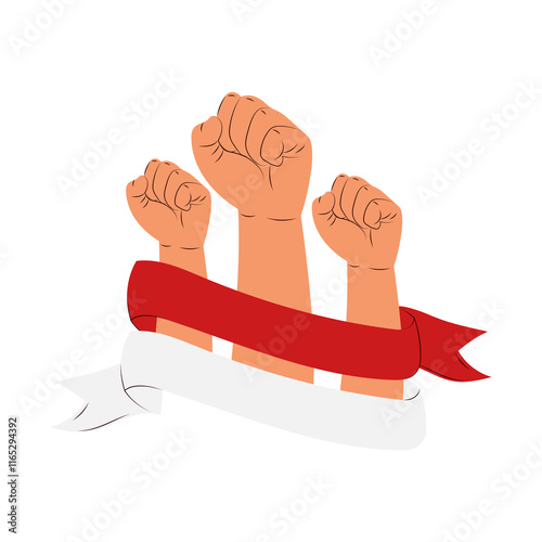 Three raised fists, symbols of unity and strength, are bound together by a red and white ribbon, representing solidarity and a shared cause.  A powerful image of collective action.
 photo