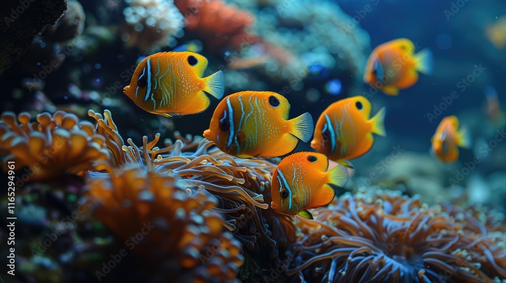 Obraz premium A school of tropical fish swimming gracefully around a coral reef, the water's clarity allowing every vivid color and delicate movement to be observed in stunning detail.