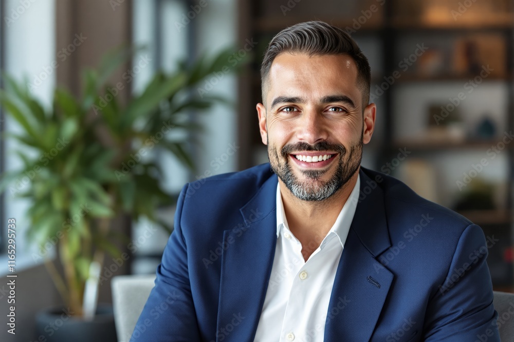 Smiling man in professional attire in a bright, modern office setting. Blurred background with green plants and shelves. Concept of career success. Ai generative