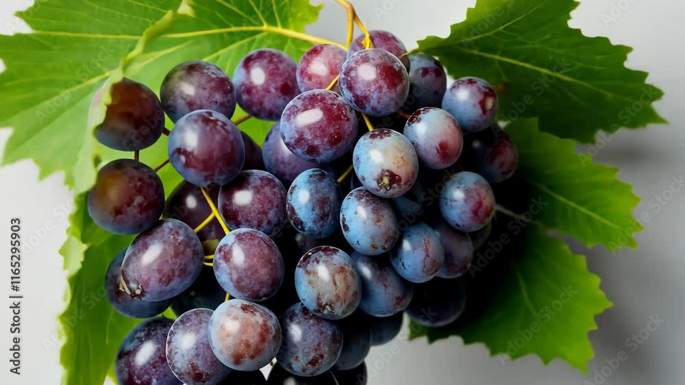 Bunch of grapes is on a leaf. The grapes are purple and the leaf is green. The grapes are clustered together and the leaf is attached to the grape