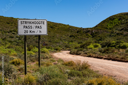A road sign notifying of the Strykhoogte Pass on a grave road in the Bonnievale area of the Western Cape of South Africa