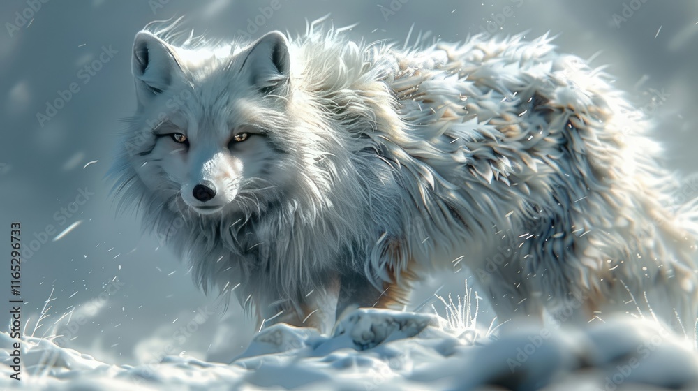 Obraz premium An Arctic fox in its winter coat, camouflaged against the snow, with each fur detail and the icy environment depicted with crystalline clarity.