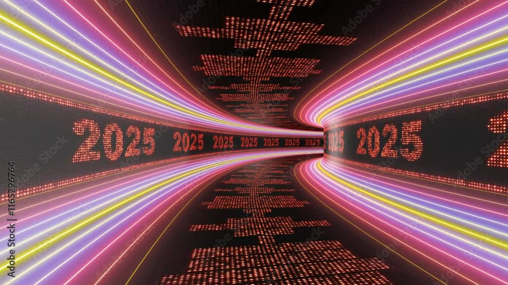 During the New Year's Eve countdown celebration, a 4K loop seamless of fireworks for the year 2025 is displayed in the sky at night.