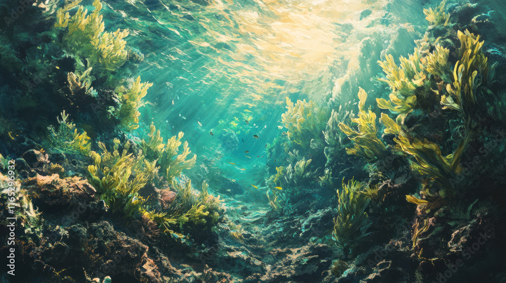 Fototapeta premium Rich underwater vegetation with green algae thriving on the rocky ocean floor, bathed in golden sunlight in the clear waters of the Atlantic