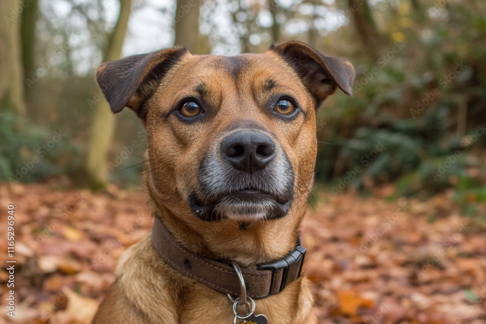 Alert brown mixed-breed dog in autumn leaves. Alert brown mixed-breed dog in autumn leaves.