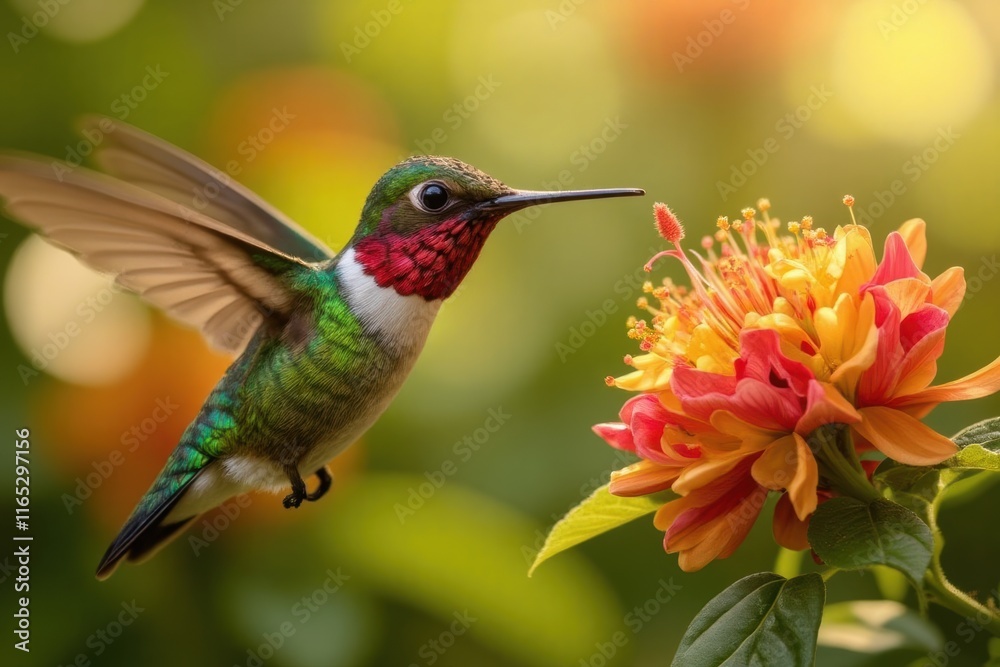 Fototapeta premium Vibrant Hummingbird in Flight Near Colorful Flower Blossom