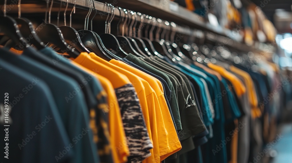 Fototapeta premium Colorful Shirts Hanging on Hangers in Retail Apparel Store