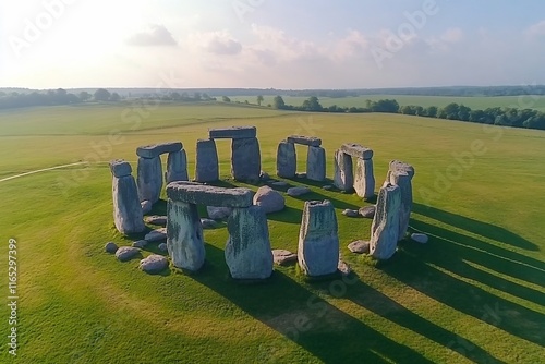 Aerial view of Stonehenge at sunrise, showing the sarsen stones and surrounding landscape. photo