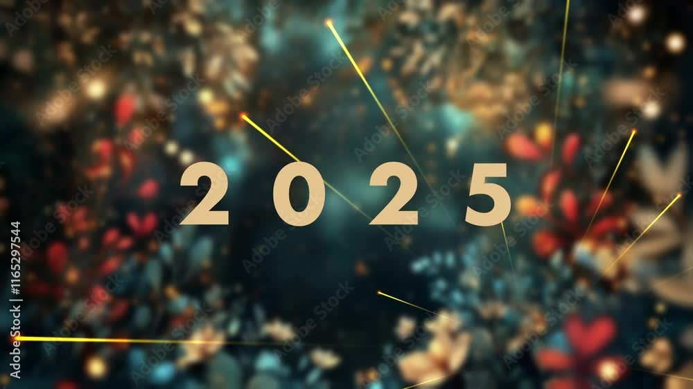 During the New Year's Eve countdown celebration, a 4K loop seamless of fireworks for the year 2025 is displayed in the sky at night.