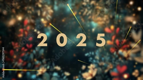 During the New Year's Eve countdown celebration, a 4K loop seamless of fireworks for the year 2025 is displayed in the sky at night. photo