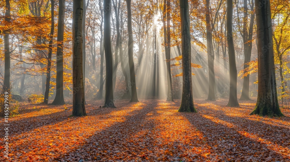 Obraz premium Sunbeams through Autumn Forest Misty Woods Fall Scenery Golden Leaves