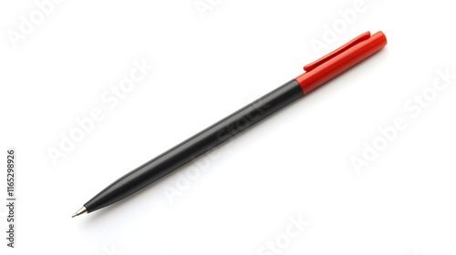 A black and red pen rests on a white background photo