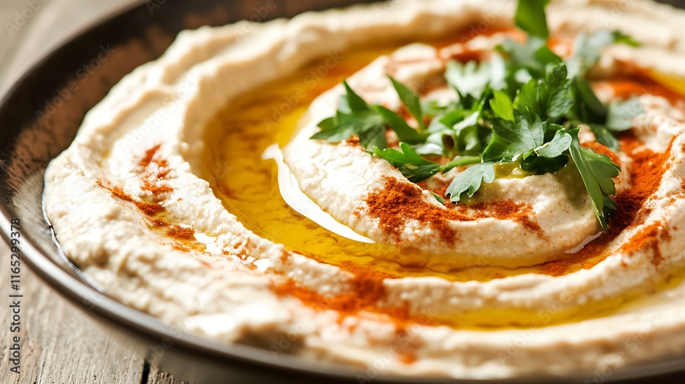 A close-up of a bowl of creamy hummus, topped with olive oil, paprika, and freshly chopped parsley A close-up of a bowl of creamy hummus, topped with olive oil, paprika, and freshly chopped parsley