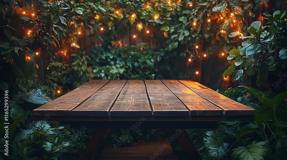 Naklejka premium A weathered wooden table placed among lush plants, illuminated by softly glowing fairy lights, the scene bathed in the warm tones of twilight, serene and tranquil garden vibes, hd quality,