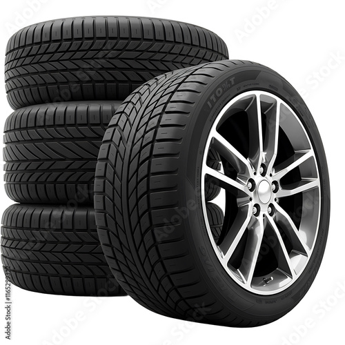 High-quality image of new car tires, perfect for automotive websites, blogs, and marketing materials showcasing tire performance and durability. photo