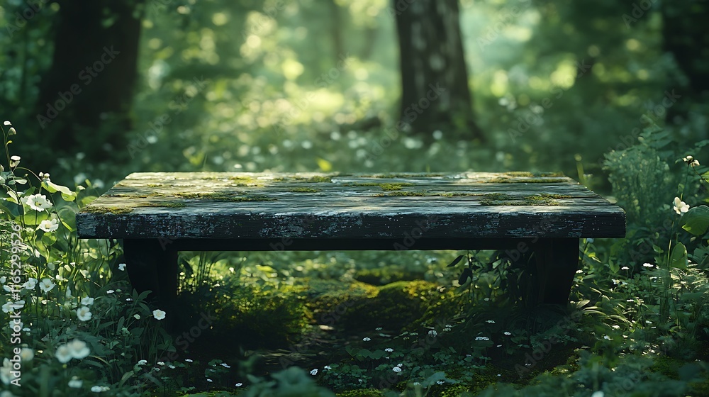 A weathered wooden table placed in a forest surrounded by vibrant plants, moss-covered ground, and dappled sunlight, serene and magical atmosphere, hd quality, cinematic depth. --ar 16:9 A weathered wooden table placed in a forest surrounded by vibrant plants, moss-covered ground, and dappled sunlight, serene and magical atmosphere, hd quality, cinematic depth. --ar 16:9