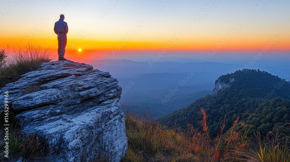 Obraz premium Person looks at sunrise on peak with mountains.