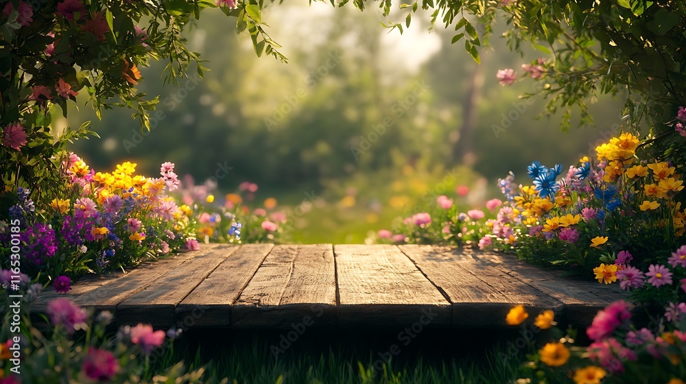 Naklejka premium A weathered wooden table surrounded by a sea of wildflowers in vibrant colors, lush greenery creating a natural frame, soft sunlight illuminating the scene,