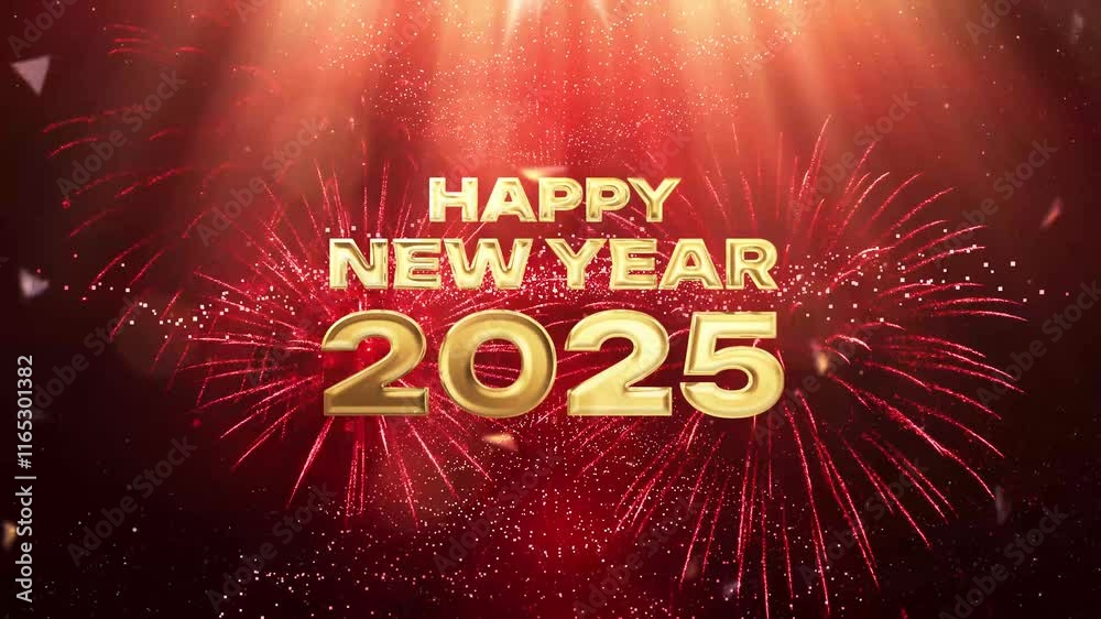 During the New Year's Eve countdown celebration, a 4K loop seamless of fireworks for the year 2025 is displayed in the sky at night.