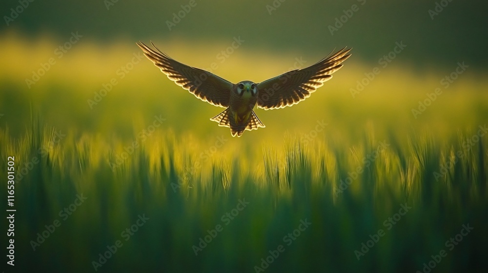 Obraz premium Bird in flight over green field at sunset.