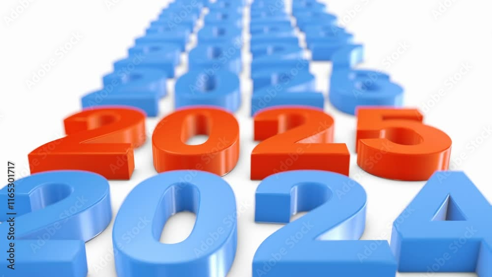 During the New Year's Eve countdown celebration, a 4K loop seamless of fireworks for the year 2025 is displayed in the sky at night.