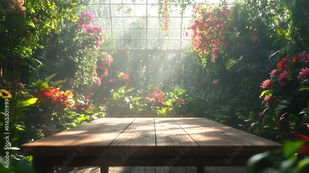 Naklejka premium A wooden table in a bright greenhouse, surrounded by tropical plants, colorful flowers, and climbing ivy, natural light pouring in through the glass ceiling, peaceful and airy atmosphere, hd quality,