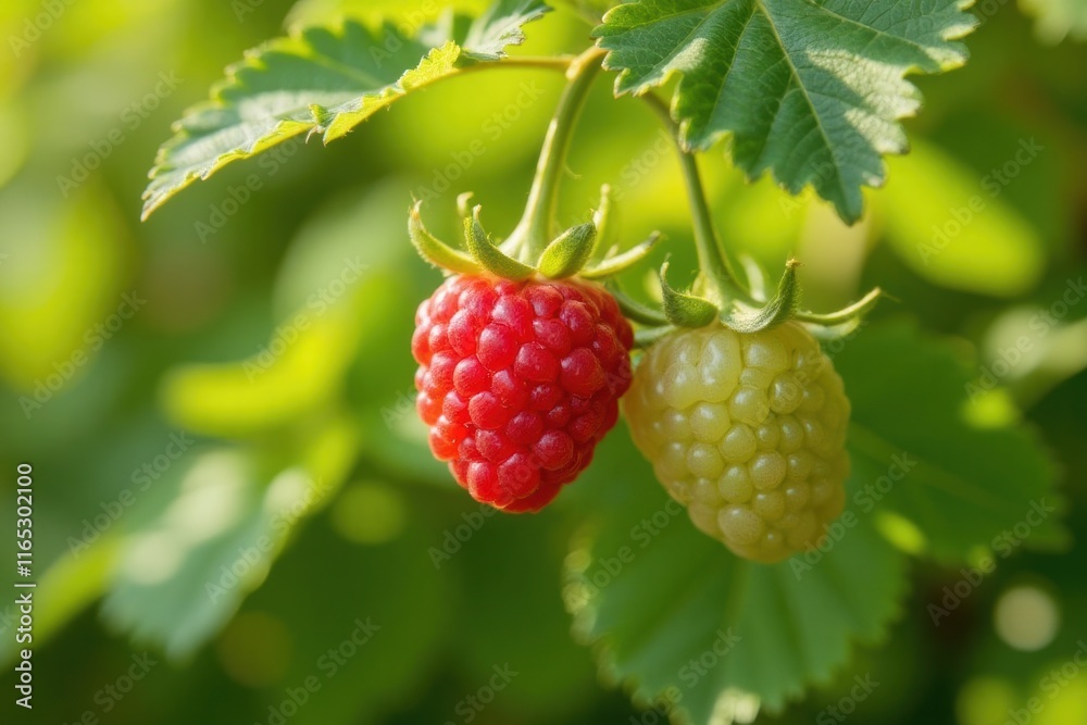 Fresh Raspberry and Green Berry on Leafy Stem in Garden Setting Fresh Raspberry and Green Berry on Leafy Stem in Garden Setting