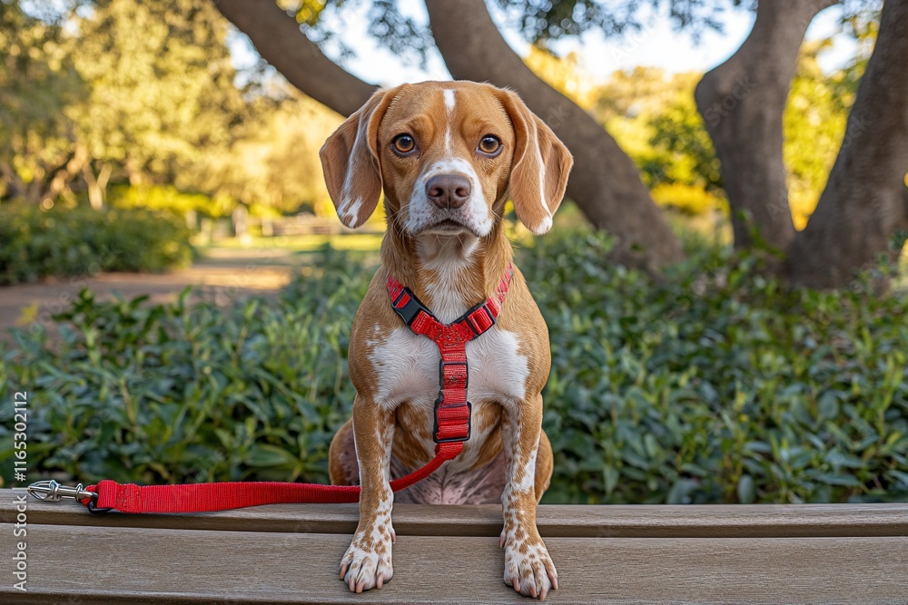 Beagle puppy sitting on park bench wearing red harness. Beagle puppy sitting on park bench wearing red harness.