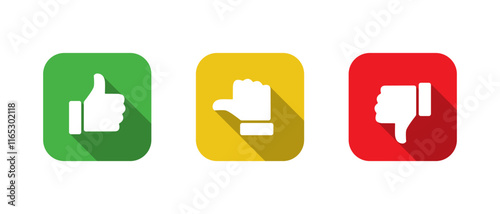 Like, neutral, and dislike thumb icon with long shadow. Up, middle, and down hand sign symbol on square background