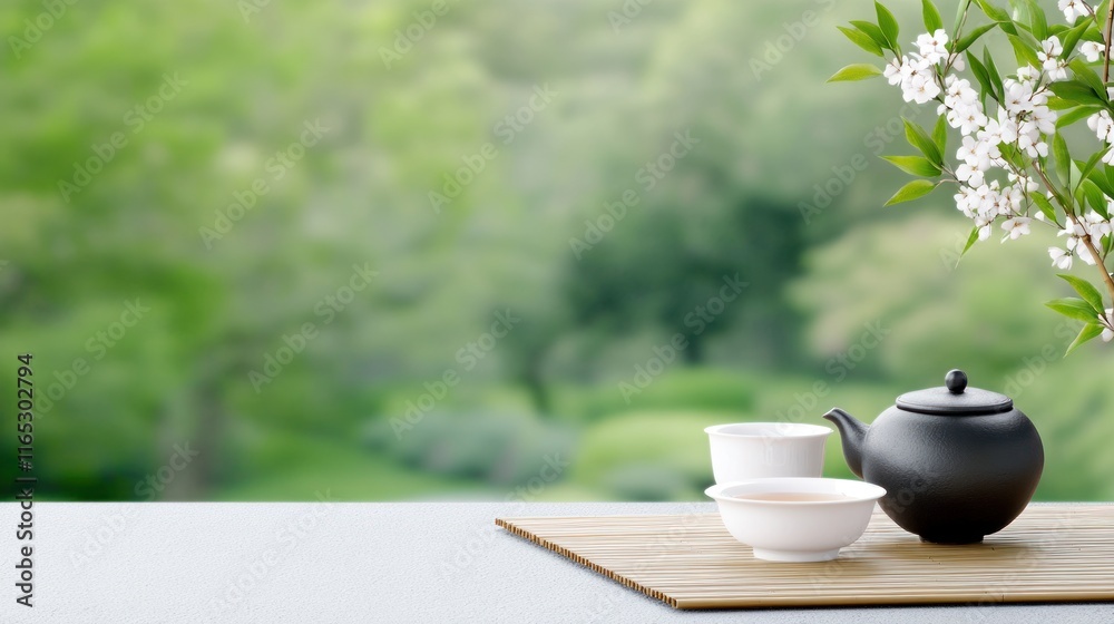 Serene tea setting with a teapot and cups amidst a lush backdrop. Serene tea setting with a teapot and cups amidst a lush backdrop.