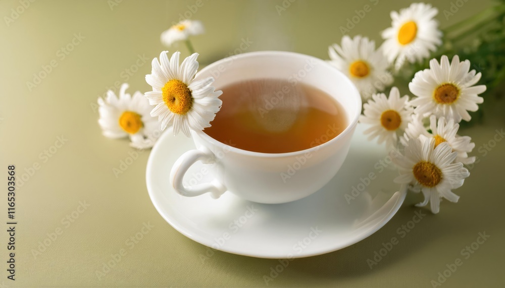 A steaming cup of chamomile tea rests amidst fresh daisy flowers on a pale olive surface A steaming cup of chamomile tea rests amidst fresh daisy flowers on a pale olive surface