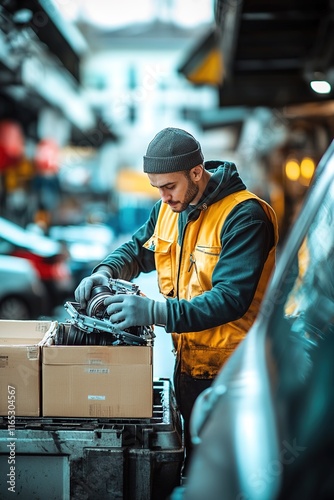 mechanic loading car parts into customer vehicle with softly blurred vibrant shop visuals in background photo