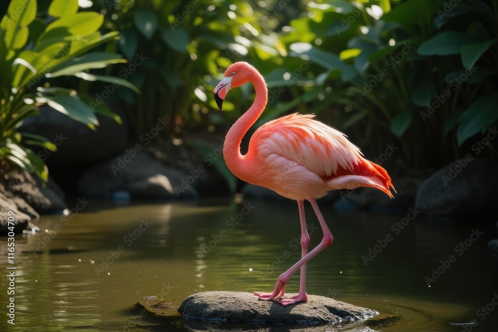 Graceful Pink Flamingo Standing on Rock by Lush Greenery