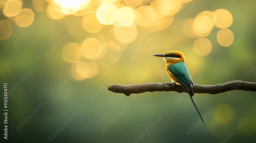 Obraz premium Blue-tailed Bee-eater perched on branch, bokeh background.