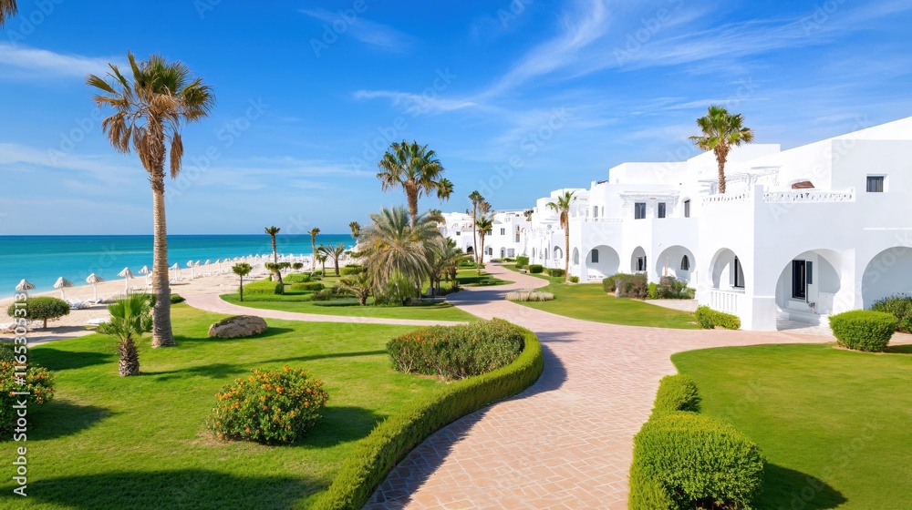 Fototapeta premium Serene Coastal Resort Pathway with Lush Greenery and Bright Blue Sky