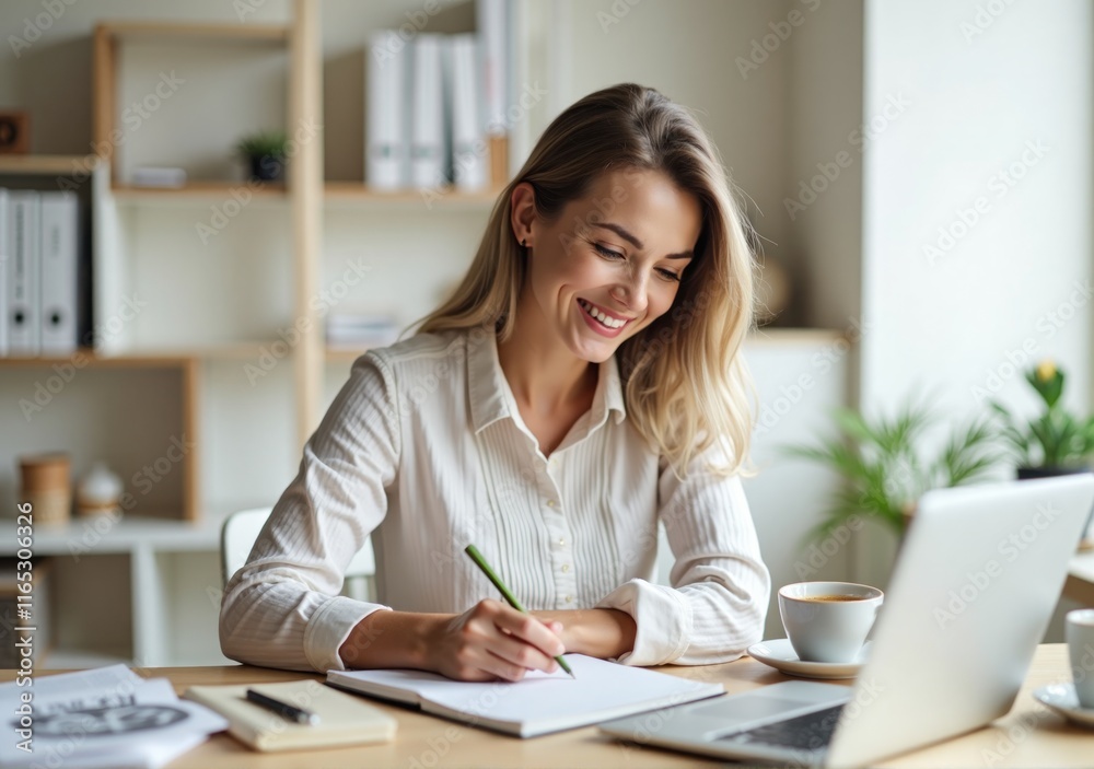 happy woman in her home office, jotting down notes in a notebook while working on her laptop, with books and a coffee mug beside her happy woman in her home office, jotting down notes in a notebook while working on her laptop, with books and a coffee mug beside her