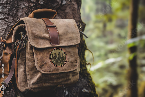 Customizable backpack patch mock up with an adventure themed design. Travel concept, free space for text, forest background photo