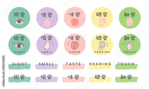 五感　イラスト　アイコン　視覚　嗅覚　味覚　聴覚　触覚