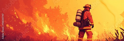 Heroic firefighter in action on International firefighters day. Horizontal banner. Copy space. Dangerous and risky professions, rescue service