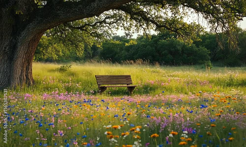 Serene bench under a tree in a flower-filled meadow.