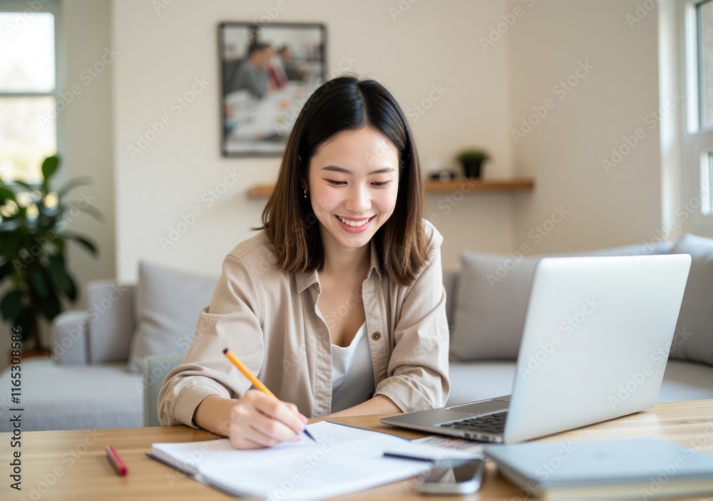 bright and airy home office with a woman actively searching online, her desk organized with documents, a notebook, and a cup of coffee bright and airy home office with a woman actively searching online, her desk organized with documents, a notebook, and a cup of coffee